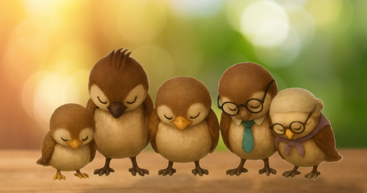 頭を下げてあいさつする雀の家族のイラスト