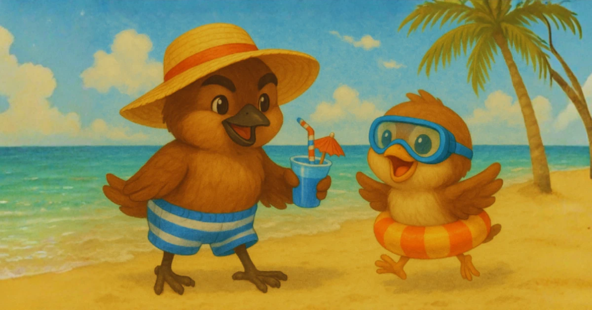 夏の浜辺で、麦わら帽子の雀と浮き輪をつけた子雀が遊んでいるイラスト