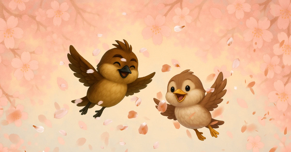 春の桜の中を楽しそうに飛ぶ2羽の雀のイラスト