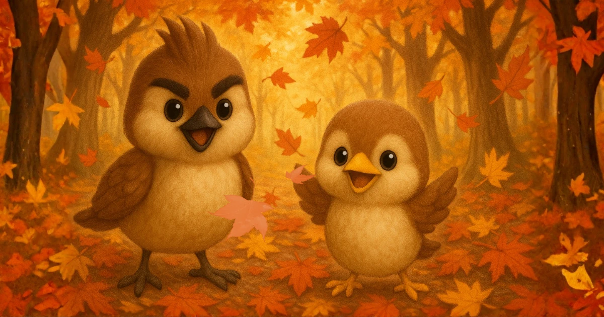 紅葉した森の中で、落ち葉に囲まれて立つ2羽の雀のイラスト