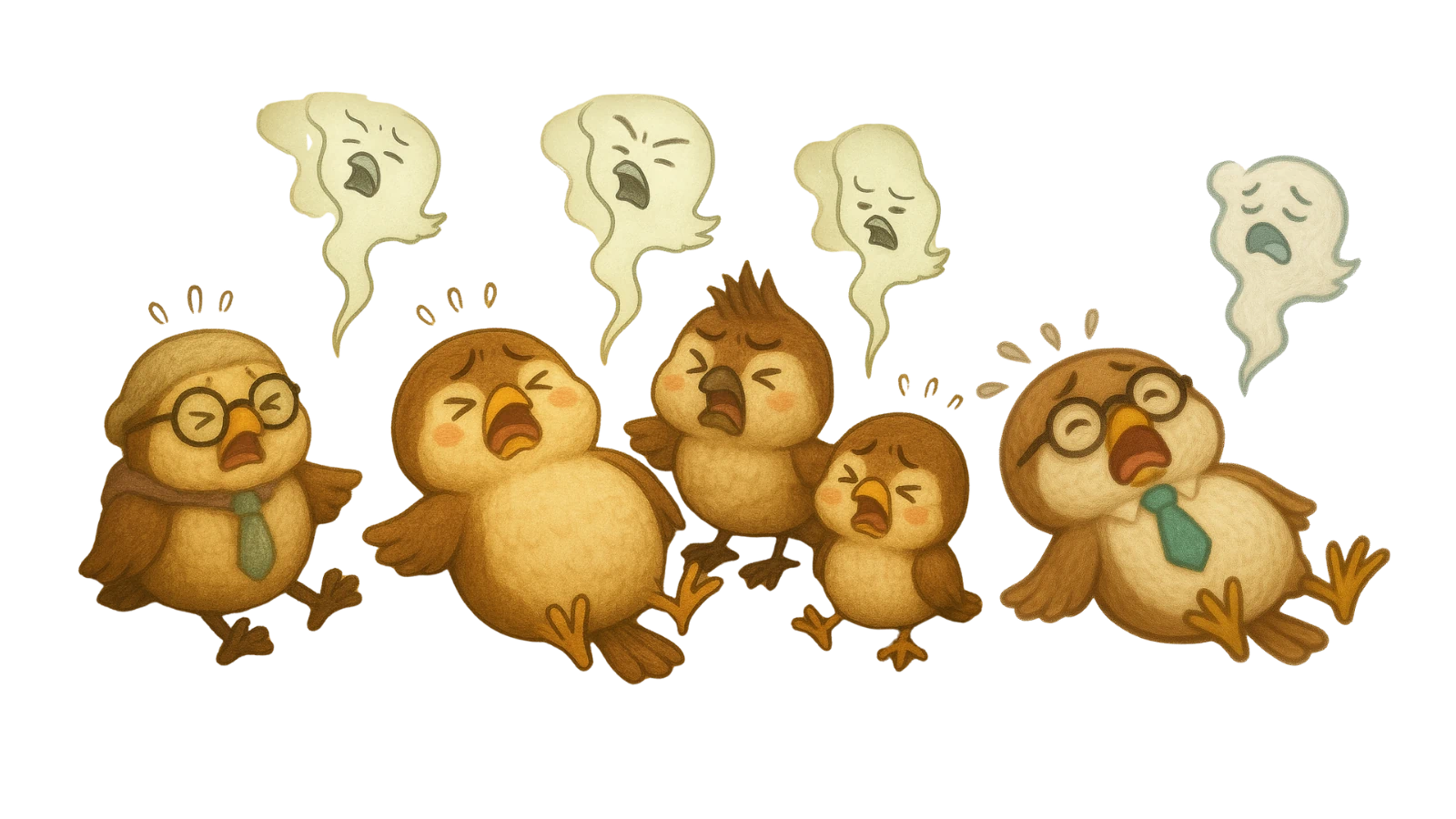 思わずため息をついて倒れ込む雀の家族のコミカルなイラスト