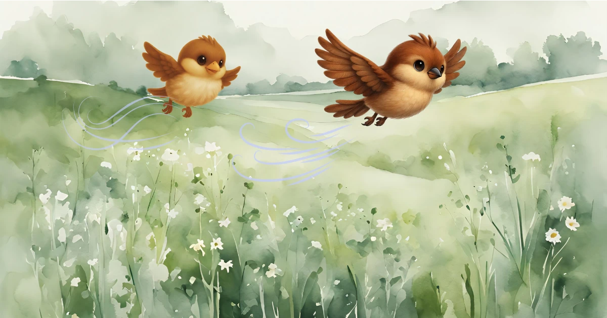 野原の上で、兄雀が弟雀に飛び方を教える飛行訓練のイラスト