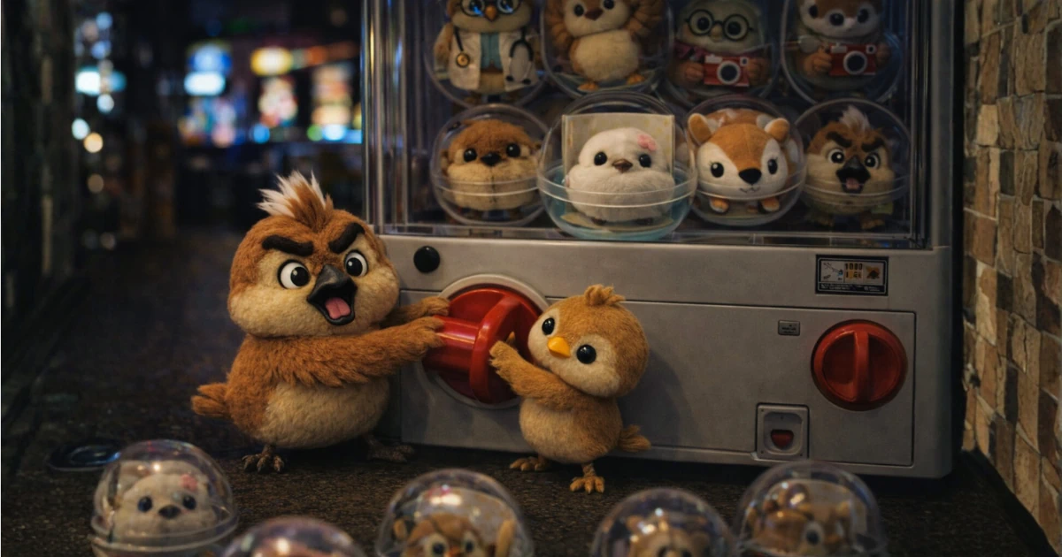 夜の街で、ガチャガチャのハンドルを回す2羽の雀のイラスト