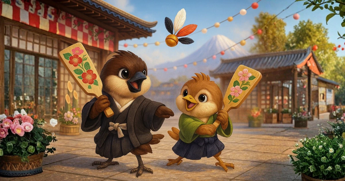 和服を着て、羽子板で遊ぶ2羽の雀のイラスト