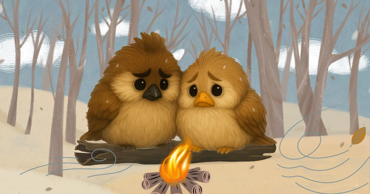 冬の森で焚き火を囲み、寄り添って寒さをしのぐ2羽の雀のイラスト