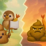 母雀と仲間たちが、便秘大魔王と向かい合うファンタジー風の対決イラスト