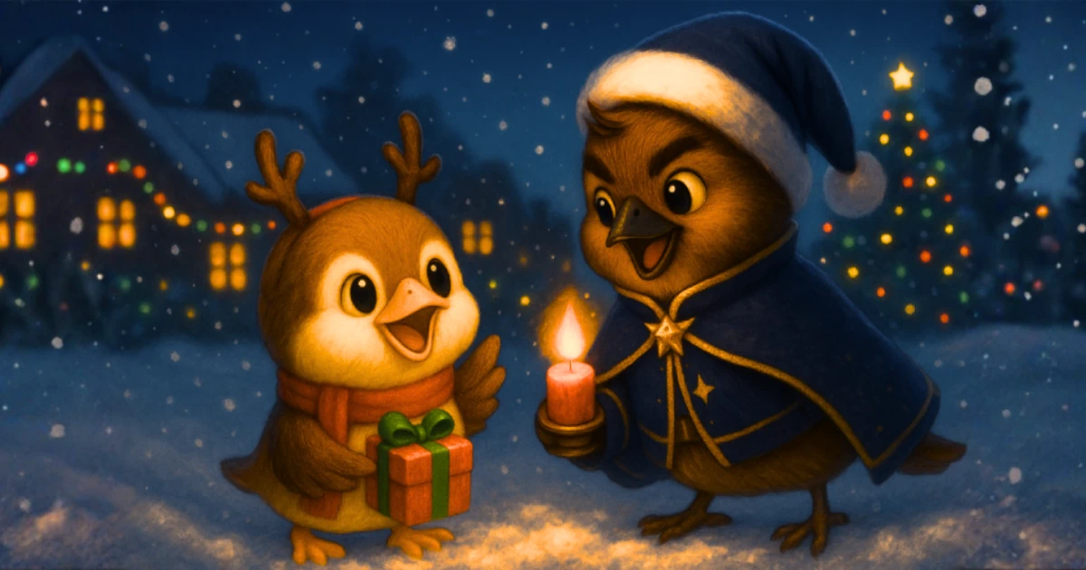 雪の降る夜に、プレゼントとキャンドルを手に向かい合う2羽の雀のイラスト