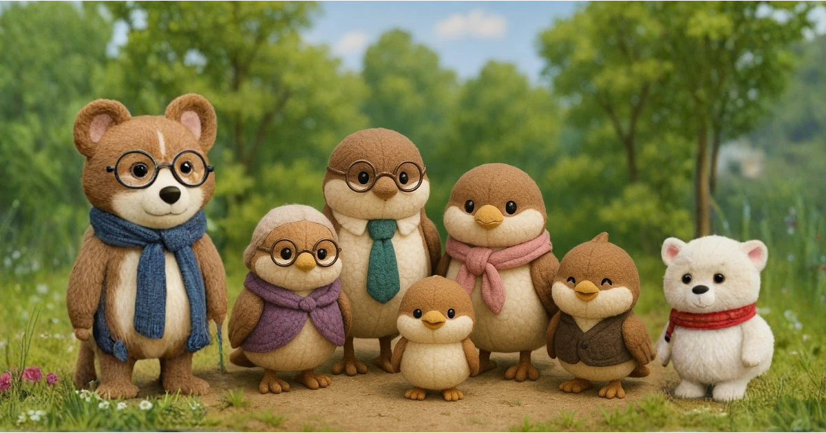 森の中で並んで立つ雀の家族と仲間たちの集合イラスト