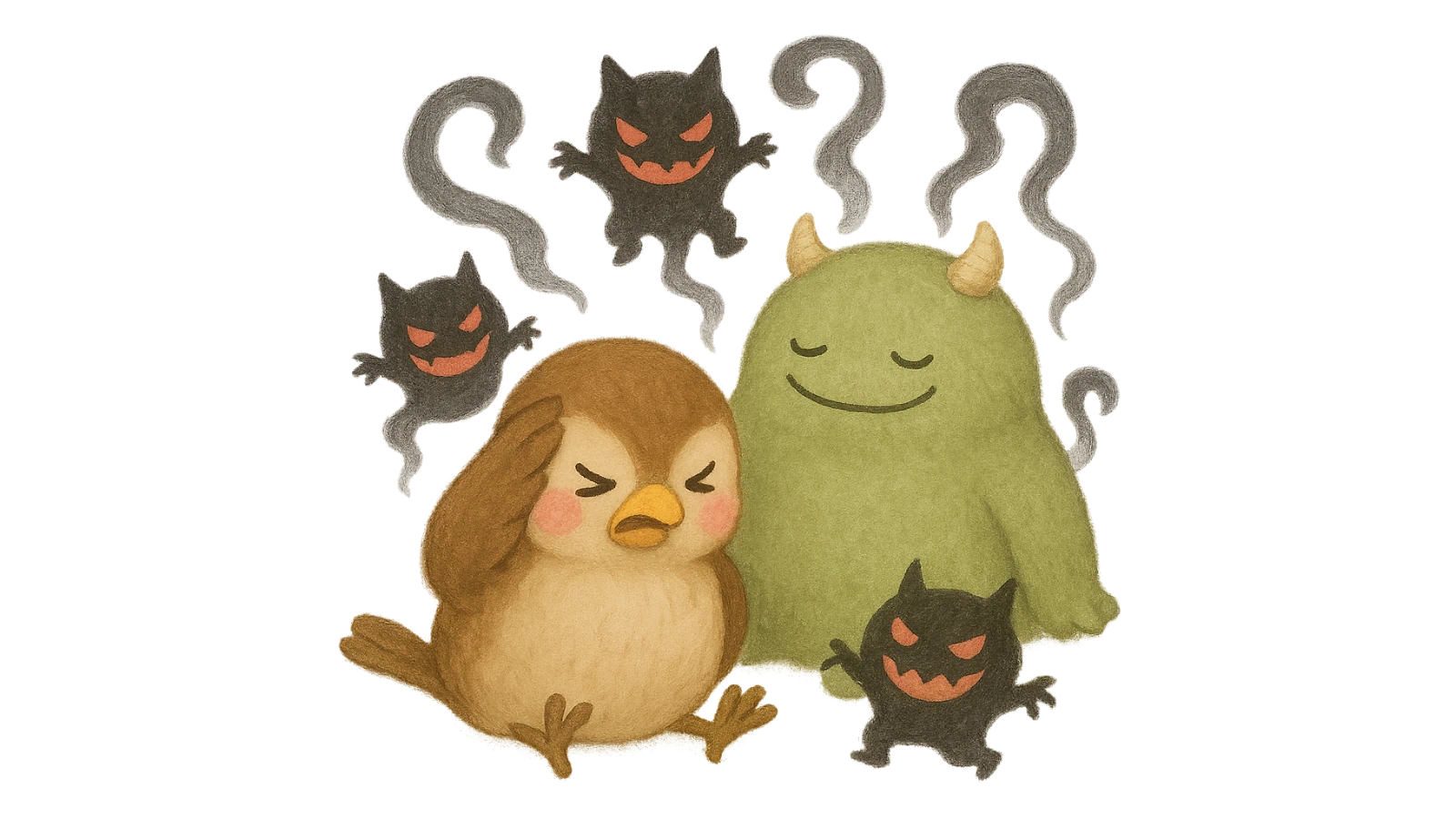 毒気に包まれた腸が、水を求めて苦しんでいる様子を、鳥のキャラクターと影の使い魔たちで表現したイラスト