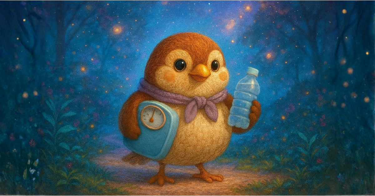 頑張りすぎたダイエットの失敗を踏まえ、糖質制限＋軽運動で再起を誓う雀の図