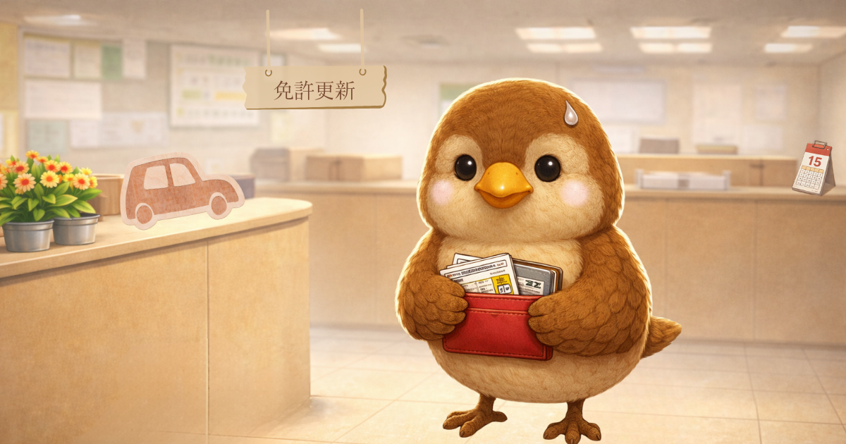 免許センターで自動車の運転免許を更新する図