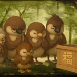 新年の神社で願掛けをする雀家族のイラスト