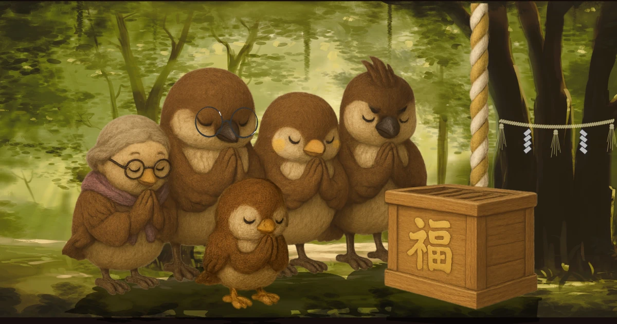 新年の神社で願掛けをする雀家族のイラスト