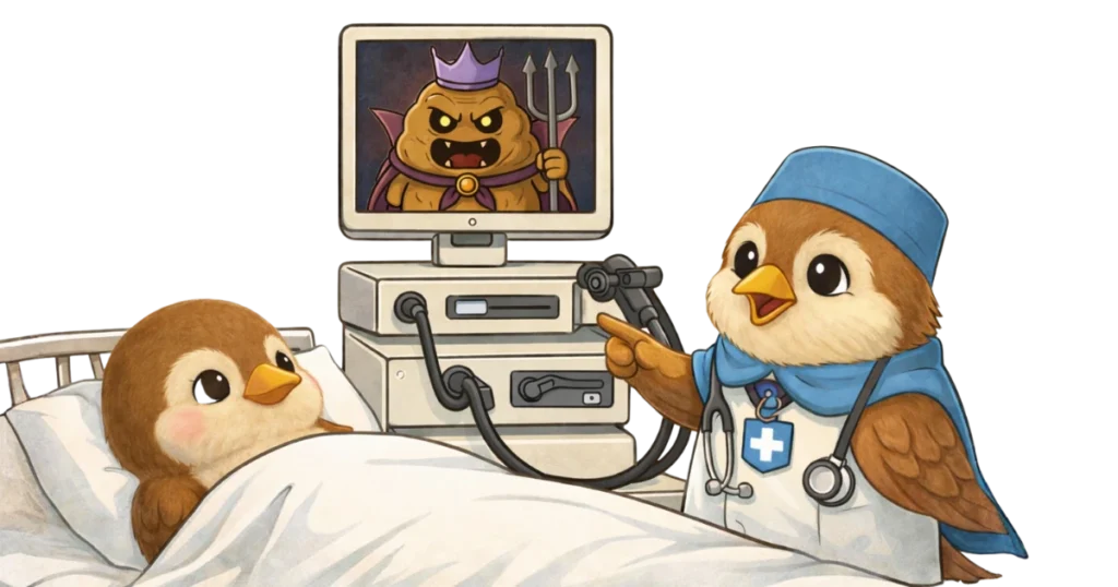 大腸検査で、医師がモニターに映る便秘王子について解説している図。患者と医師は雀である。