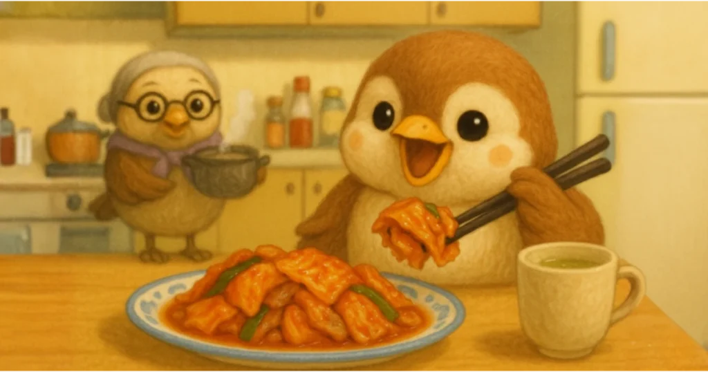 糖質制限下で、豚キムチを美味しそうに食べる雀の図。我慢しないダイエット