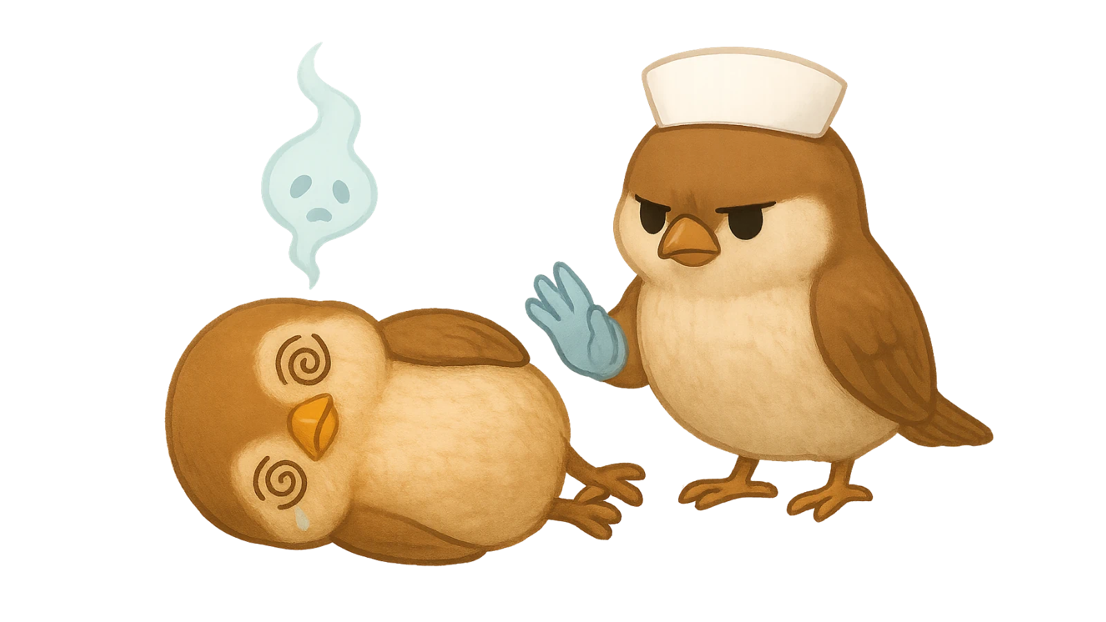 看護師に摘便してもらう様子。羞恥心で魂が抜けかかかる雀の図