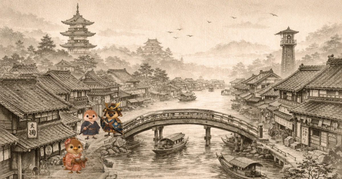 川と橋を中心に広がる下町の町並みを描いた江戸風イラスト