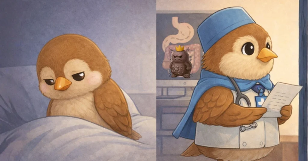 頑固な便秘(便秘大魔王)と向き合い、腸の状態を診断する医師雀のイラスト