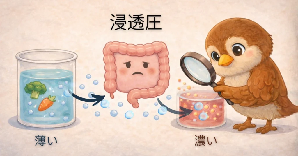 浸透圧によって腸内の水分が移動し、便の状態が変わる仕組みを示した図