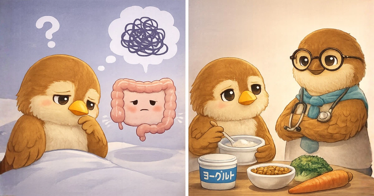 腸活が効かず悩む雀と、便秘・IBSなど体質の違いを表したイラスト