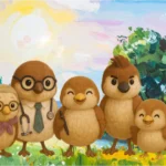 雀一家の油絵風イラスト（晴れた日の草原で）