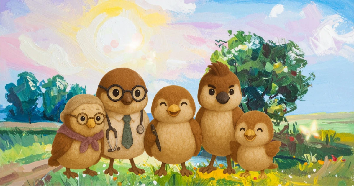 雀一家の油絵風イラスト（晴れた日の草原で）