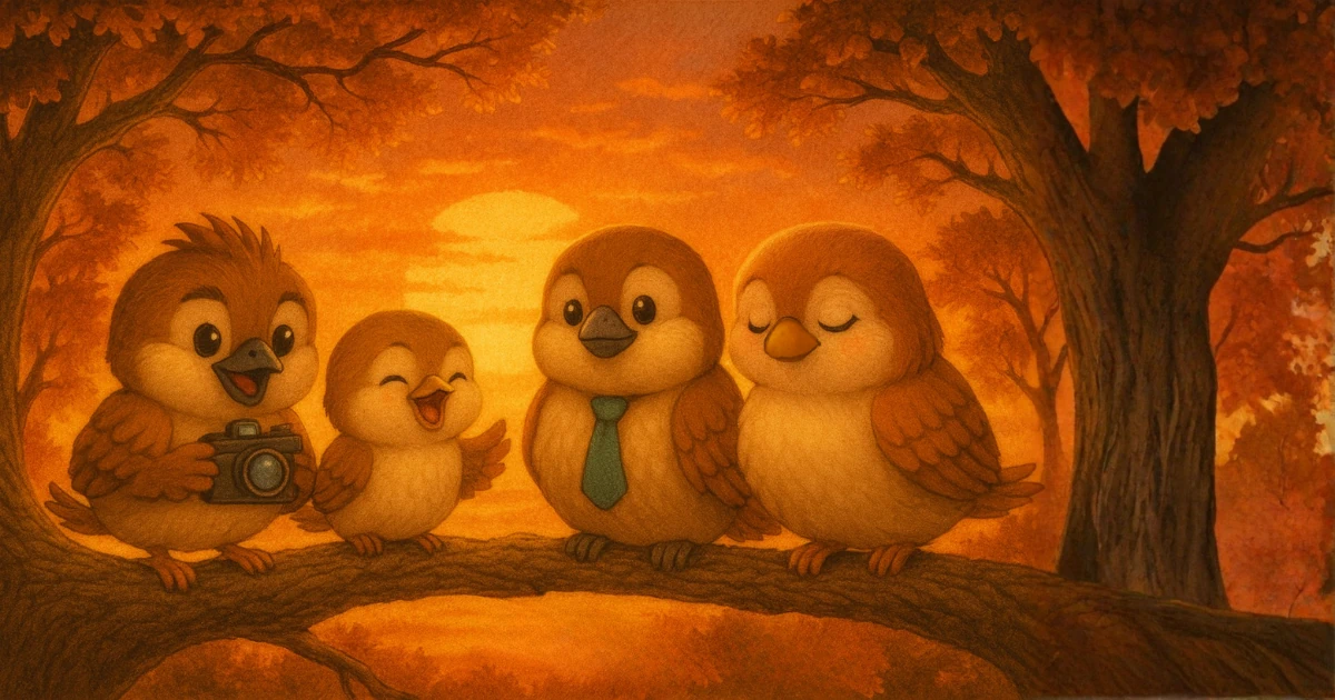 夕日を背に家族でくつろぐ雀一家の図