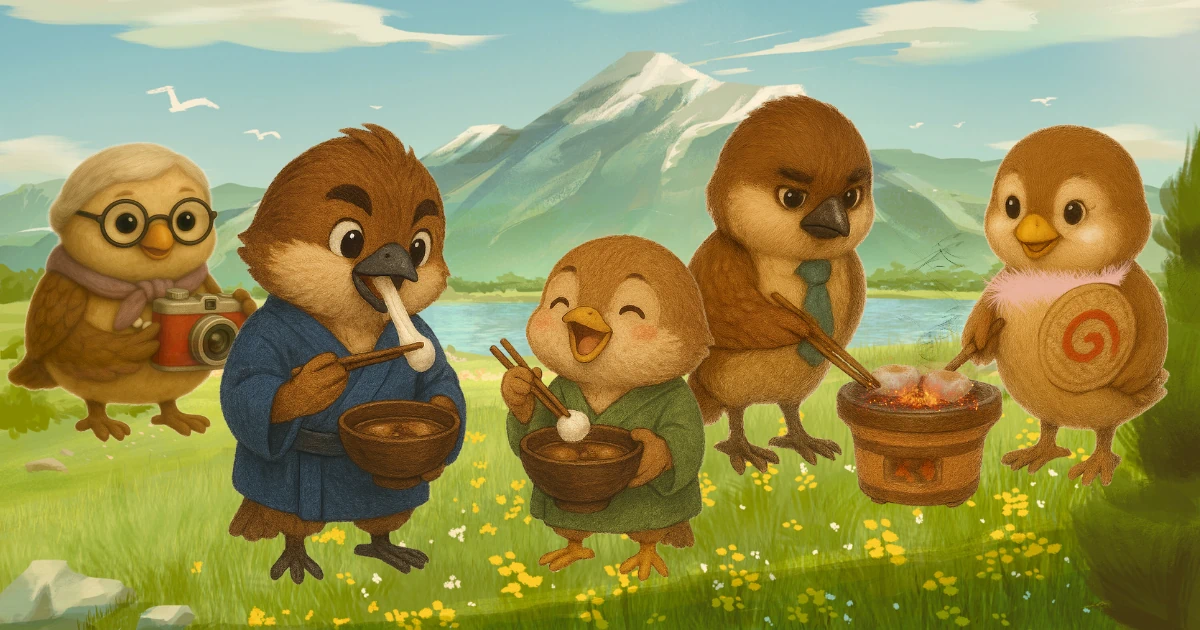 山麓を見ながら正月に餅を焼いて食べる雀一家の図