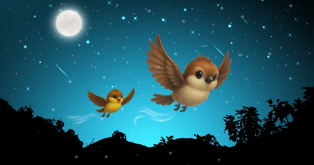 星空の中で飛行する雀兄弟のイラスト