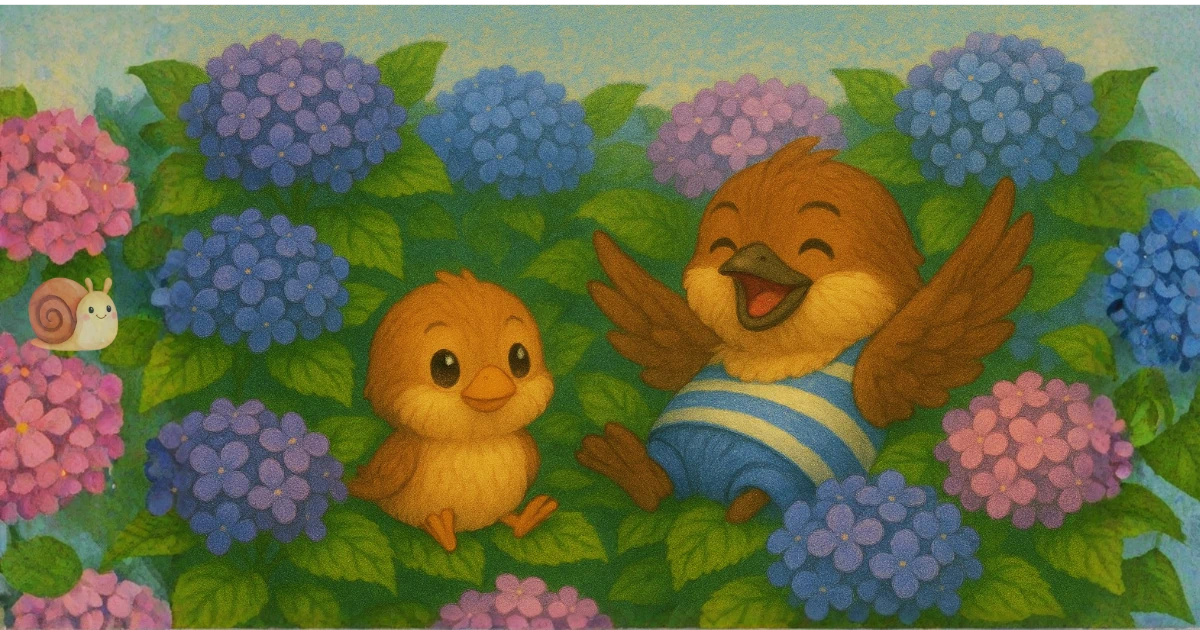 紫陽花の中でくつろぐ兄弟雀のイラスト