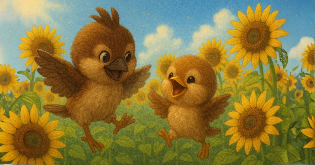 ひまわりに囲まれて喜ぶ兄弟雀のイラスト