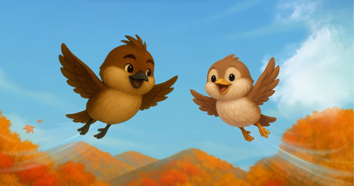 紅葉の山に歓喜する兄弟の雀のイラスト