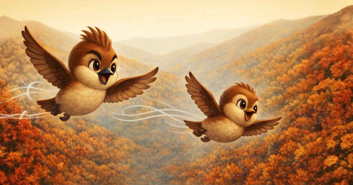 紅葉した森を眼下に、喜んで飛び回る兄弟の雀のイラスト