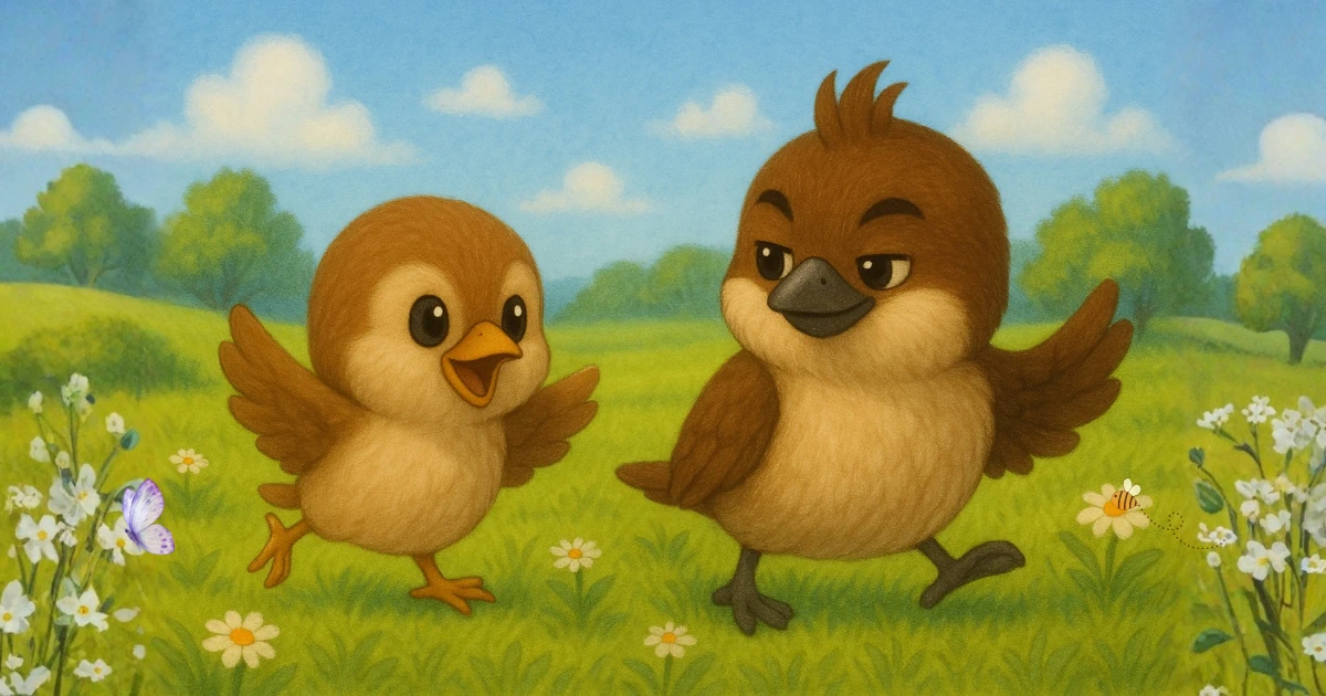 兄雀がどや顔で弟雀に道案内をする図