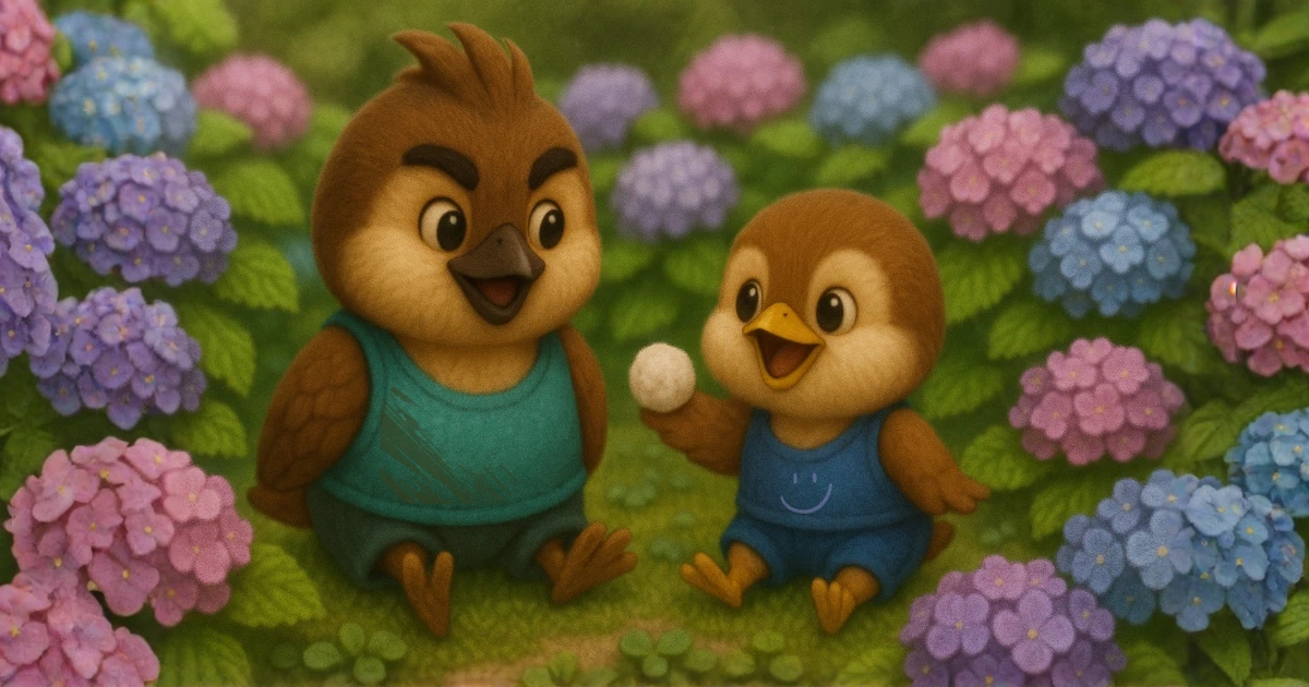 紫陽花に囲まれて遊ぶ中、何かを見つけた弟雀のイラスト