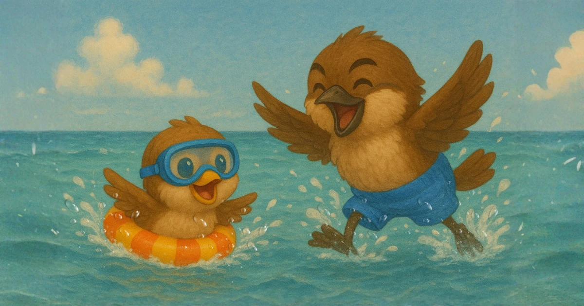 海で遊ぶ雀の兄弟のイラスト