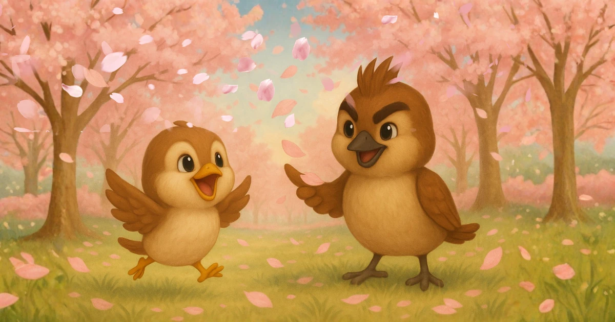 桜吹雪を楽しむ兄弟雀のイラスト