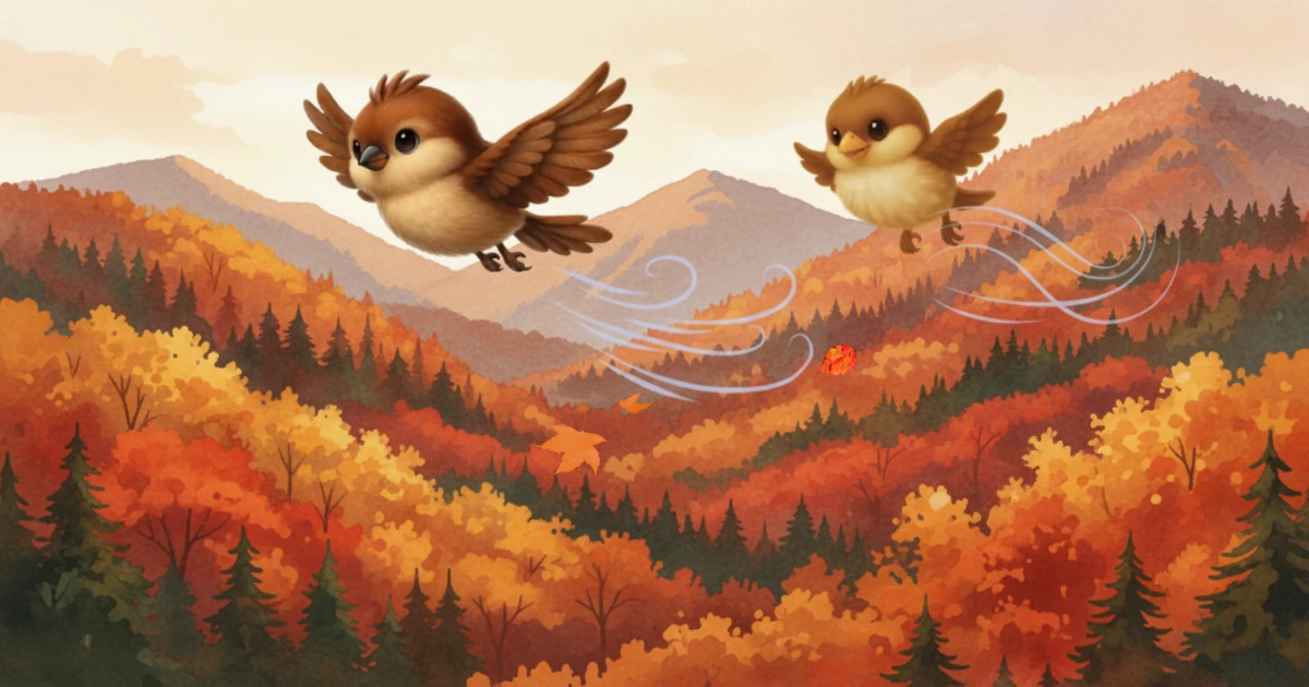 紅葉の山を見下ろしながら、兄雀が弟雀に飛び方を教える飛行訓練のイラスト