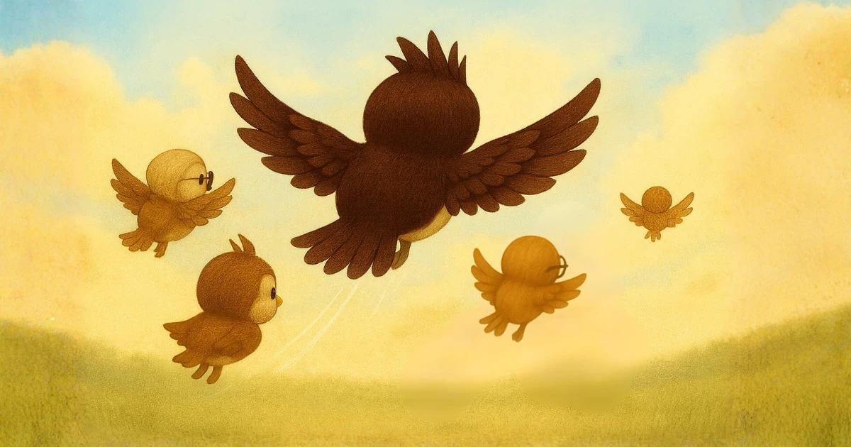 雀一家で全員で空を飛ぶイラスト