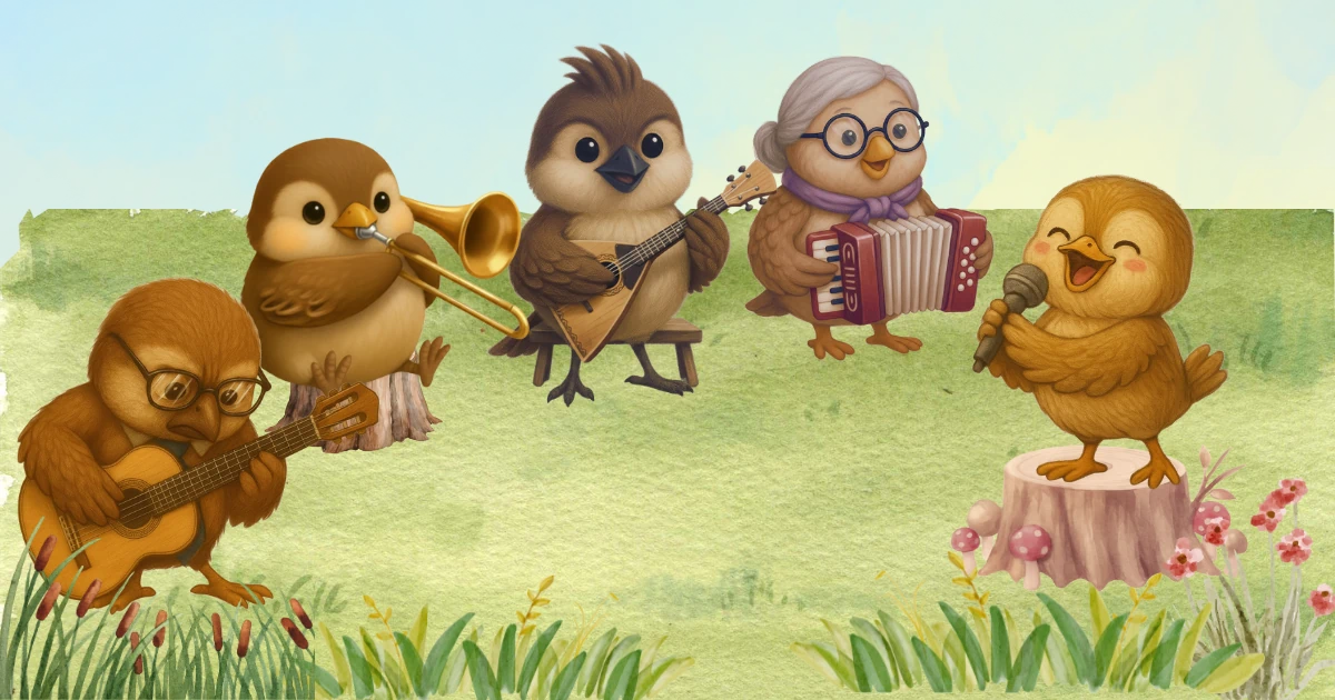 雀一家がそれぞれ得意な楽器で演奏する図