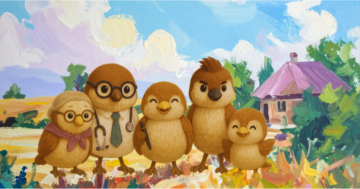 雀一家の記念写真風油絵