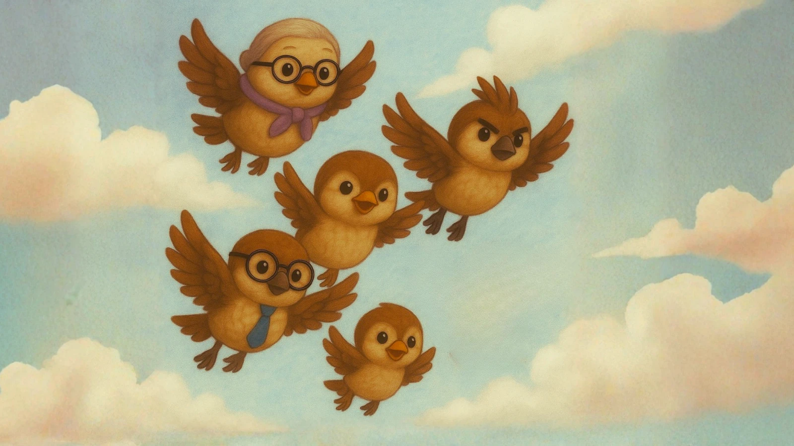 雀一家で全員で青空を飛ぶイラスト