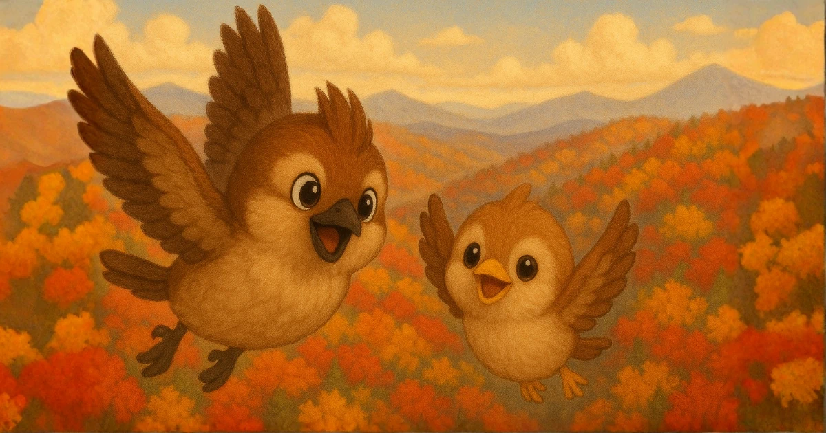 紅葉した森を眼下に、興奮する2羽の雀のイラスト