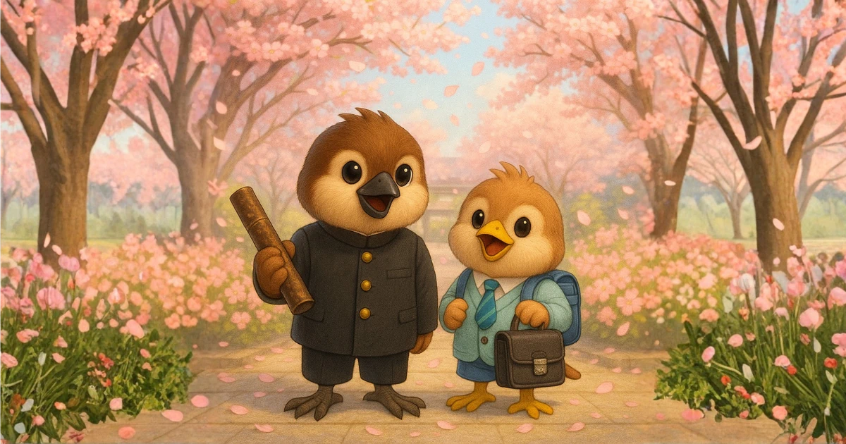 桜吹雪の中で卒入学のシーズンを迎える子雀達の図