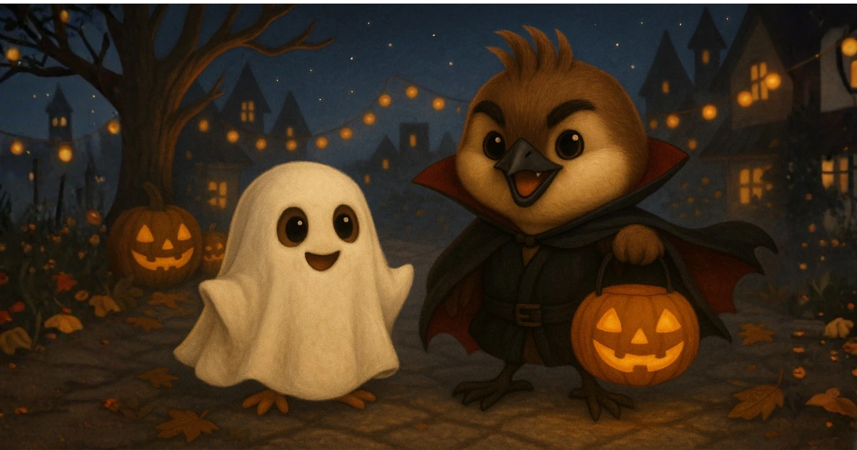 ハロウィンで仮装を楽しむ兄弟雀のイラスト