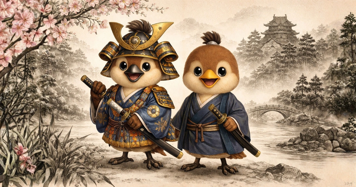桜と城を背景に侍の装束を着た雀の兄弟のイラスト