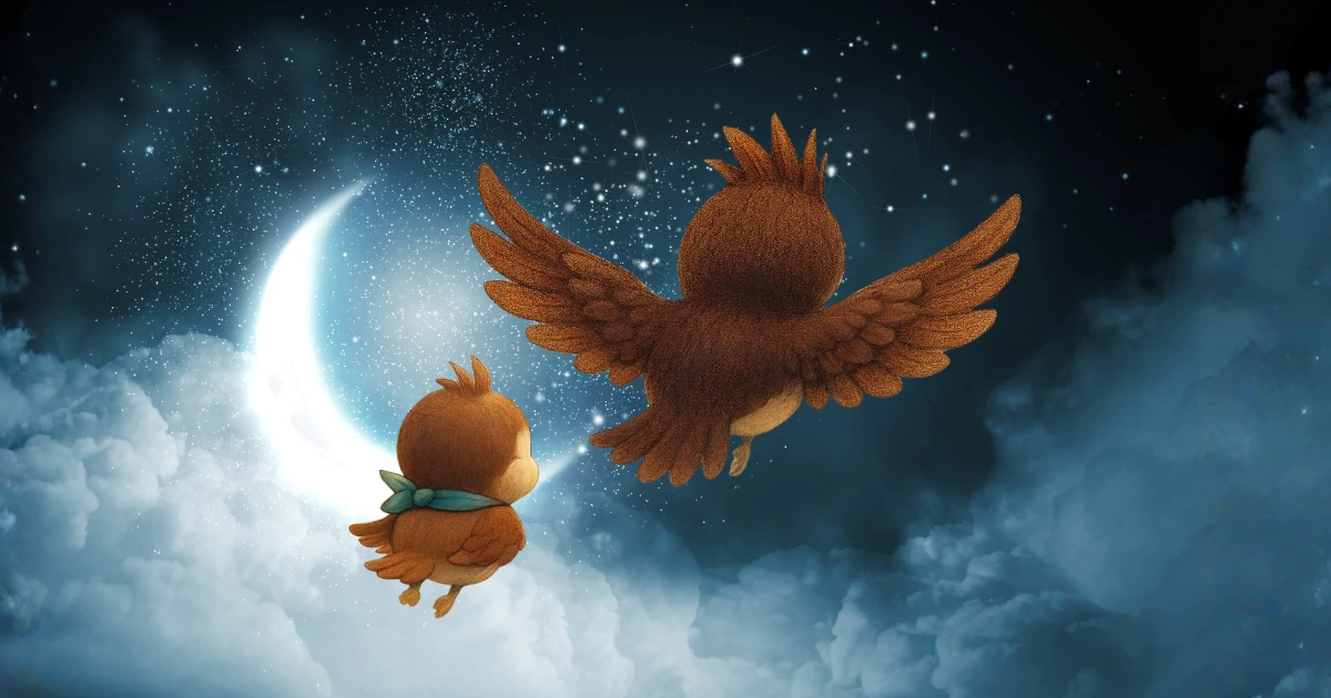 月明かりの下で、兄弟の雀が夜空を飛ぶイラスト