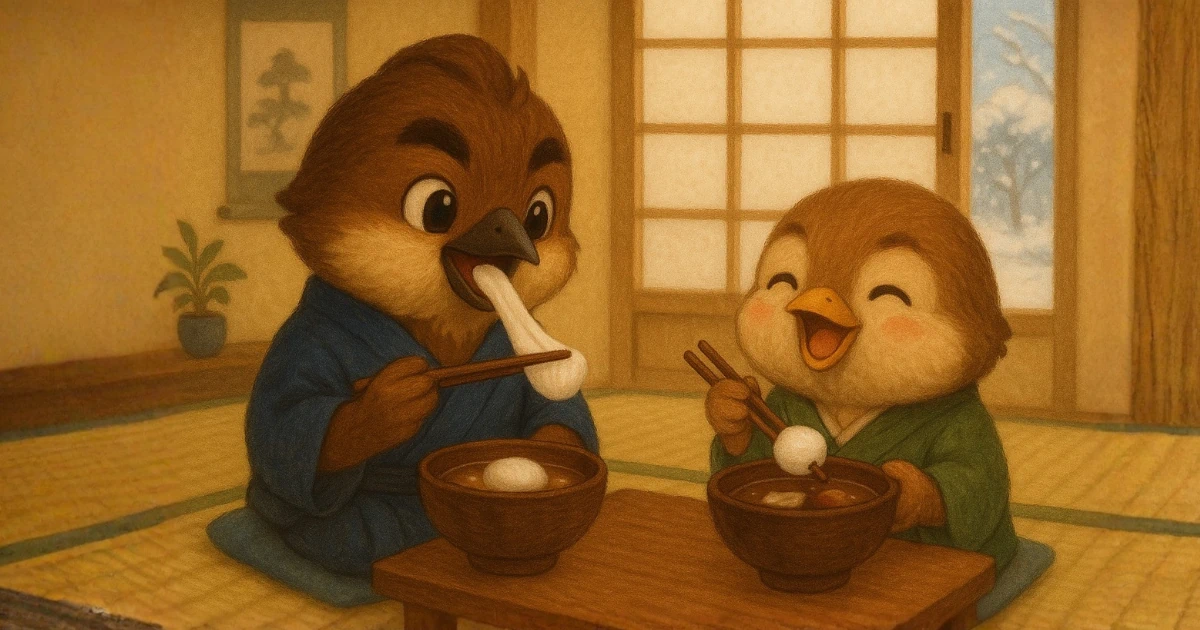 雀の兄弟が正月にお雑煮をほおばる図