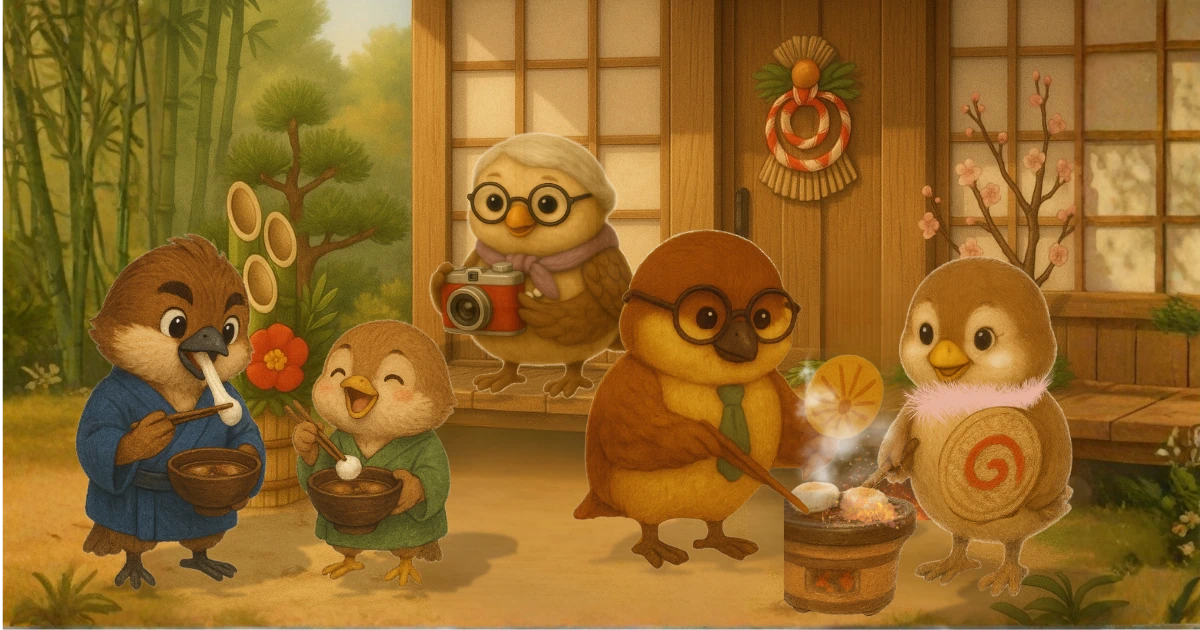 庭で餅を焼いて食べている雀一家のイラスト