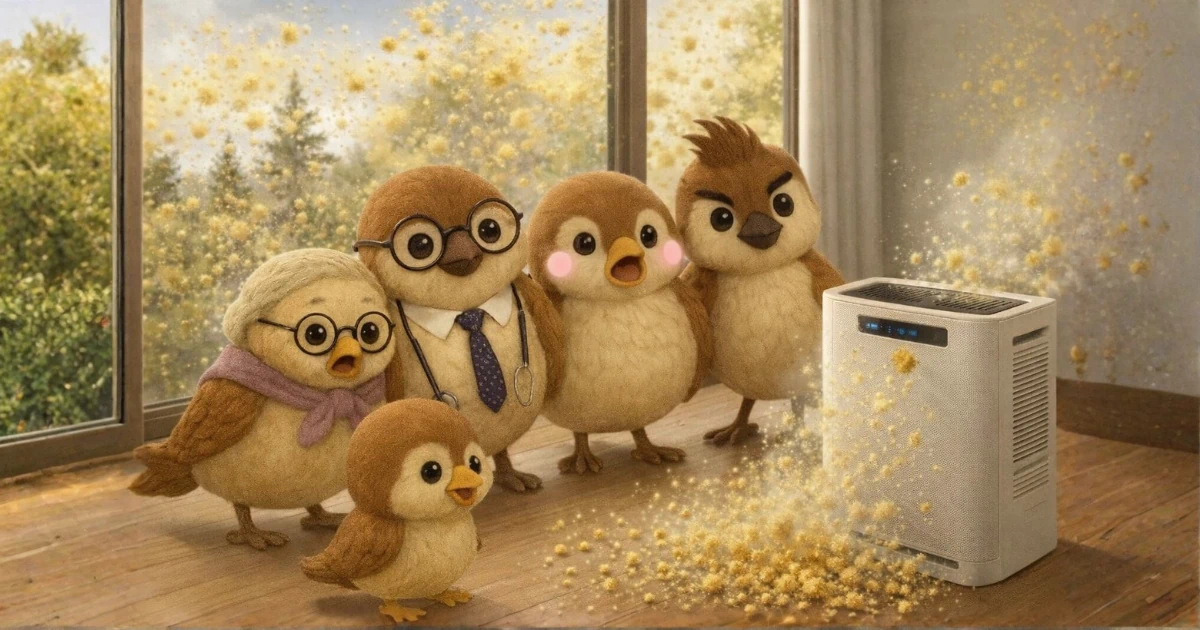 空気清浄機が花粉で詰まってるイラスト